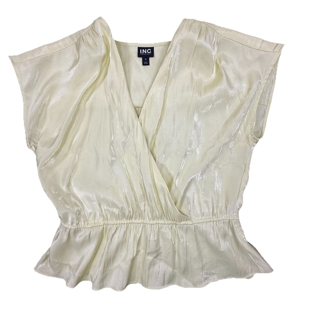 INC Top Women XL Yellow Blouse Cap Sleeve Satin Shimmery Career Peplum